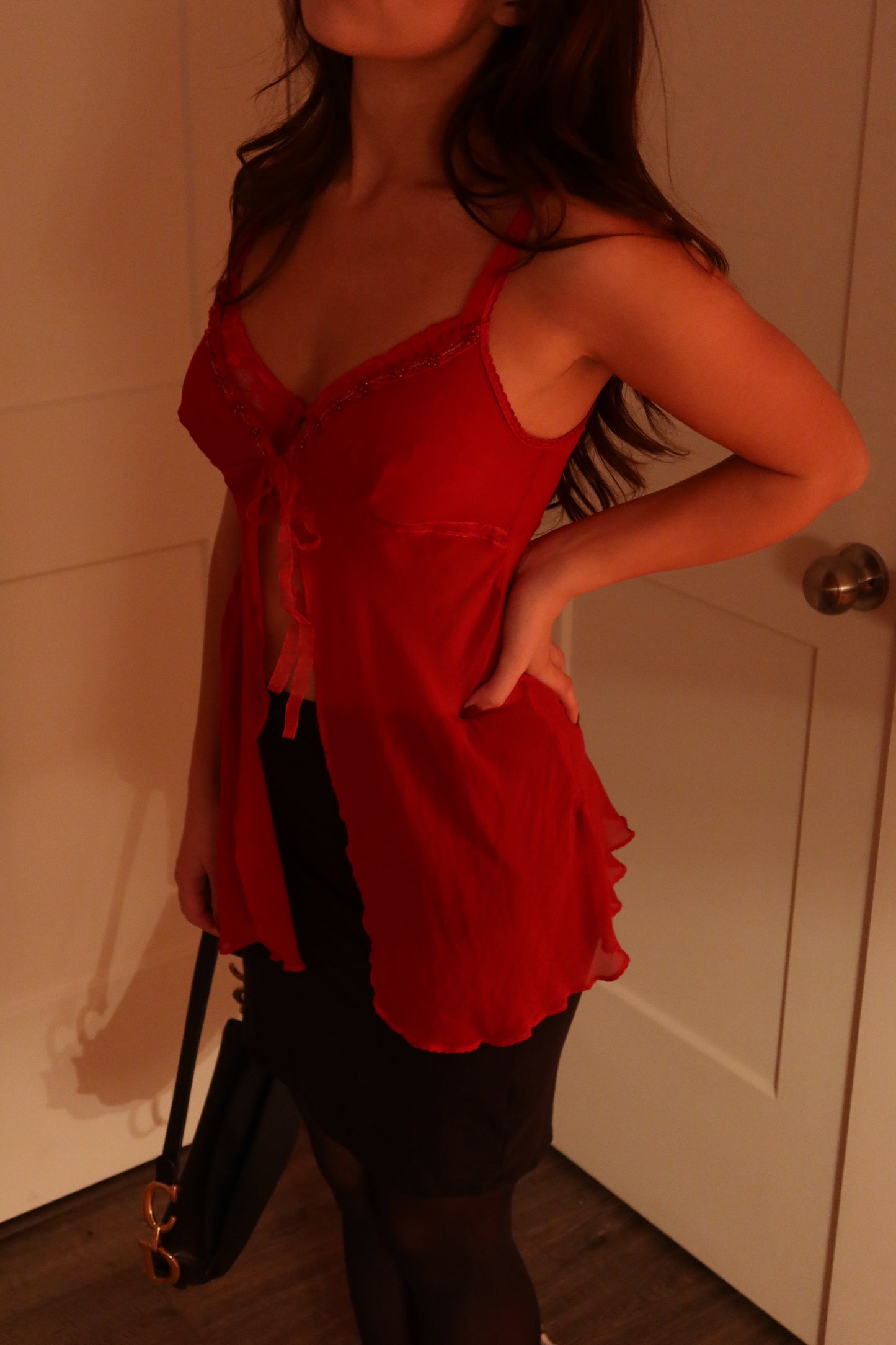 red vintage babydoll beaded top