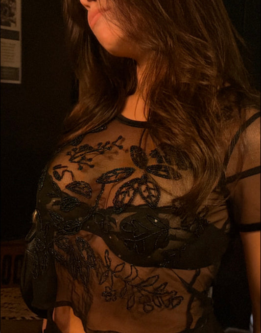 vintage beaded mesh top with velvet detailing